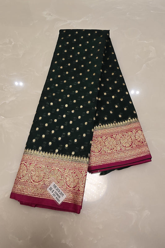 Banarasi Soft Silk Deep Bottle Green And Rani Pink Saree