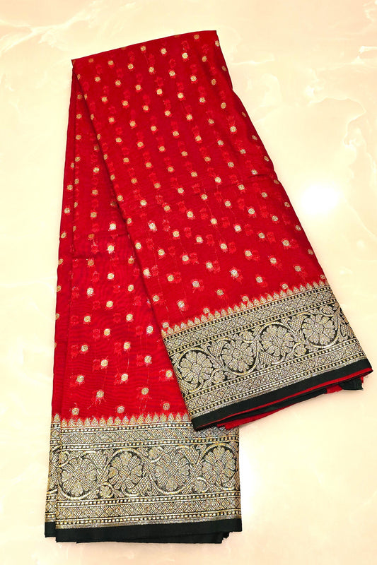 Banarasi Soft Silk Bright Red And Rich Forest Green Saree