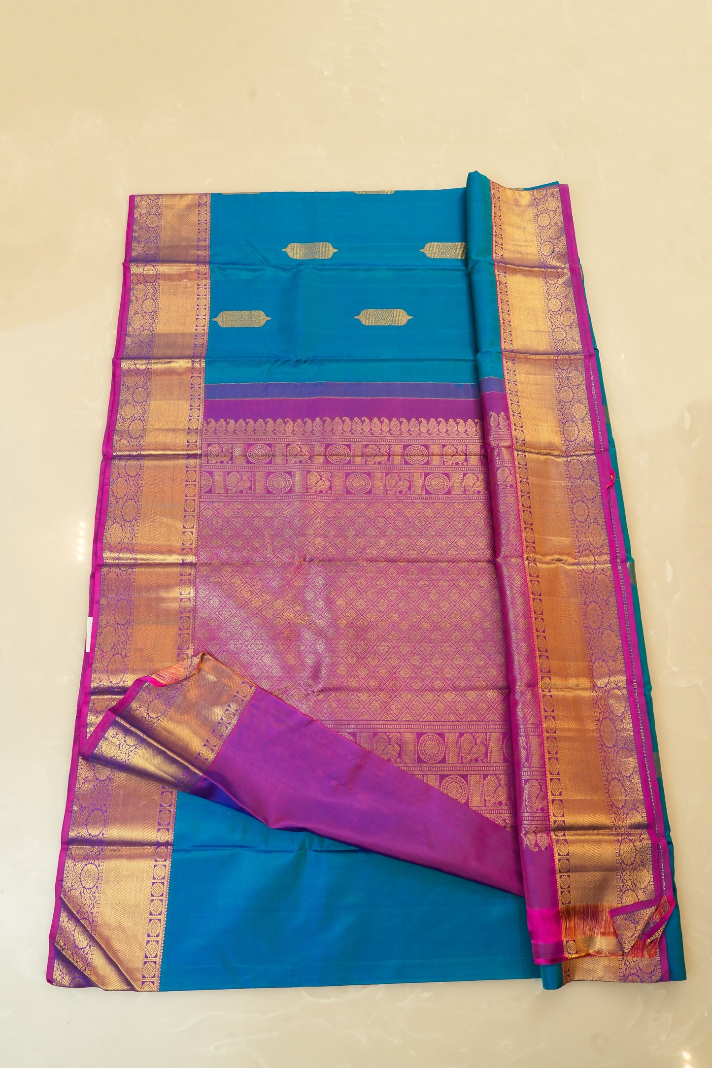 Kanjivaram Silk Saree โ Blue & Pink with Rich Zari Work