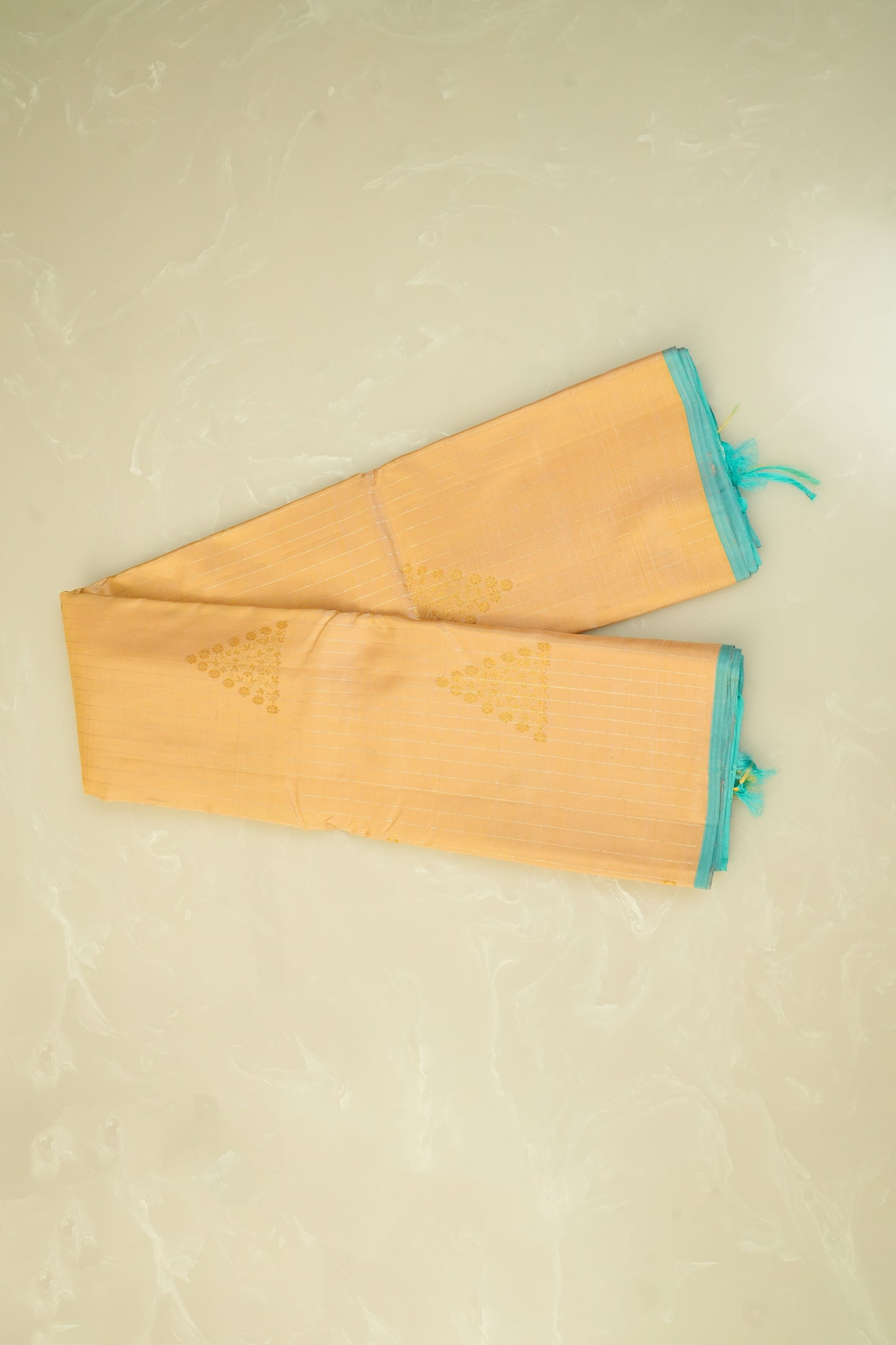 Kanjivaram Silk Saree โ Yellow & Sky Blue With Rich Gold Zari Work