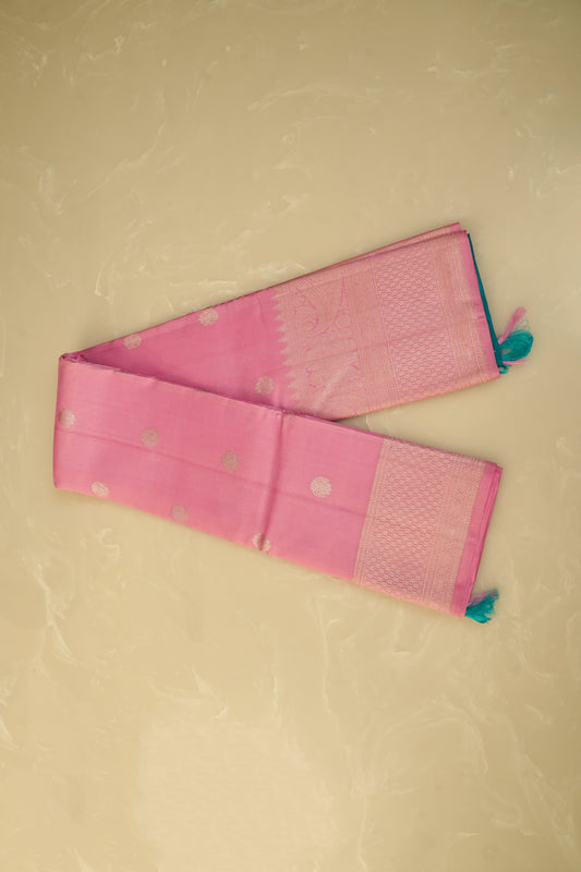 Kanjivaram Silk Saree – Baby Pink & Teal Green With Rich Silver Zari Work