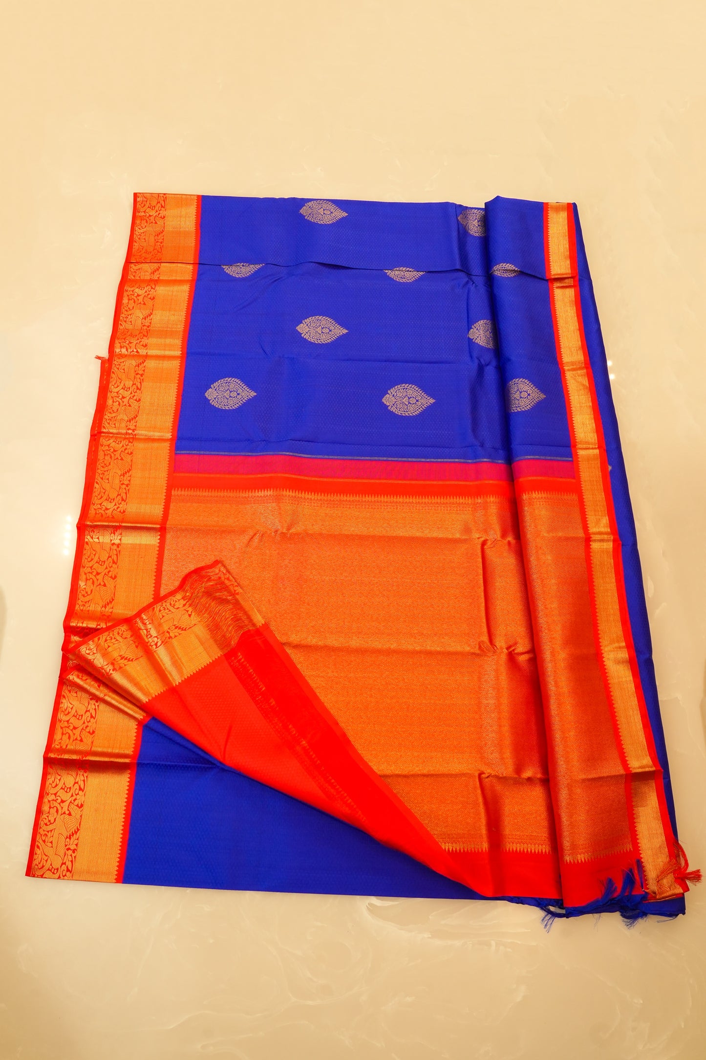 Kanjivaram Silk Saree โ Royal Blue & Orange With Rich Gold Zari Work
