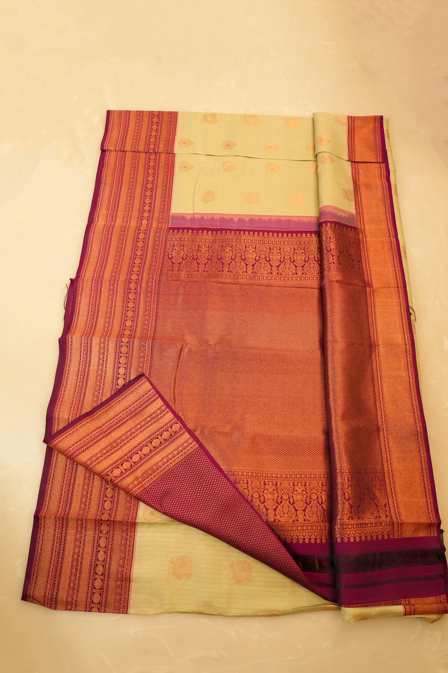Kanjivaram Silk Saree โ Pista Green & Orange With Rich Zari Work