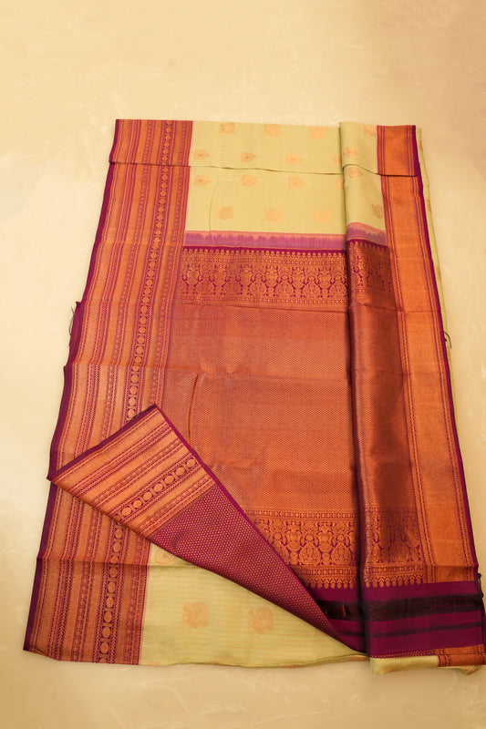 Kanjivaram Silk Saree – Pista Green & Orange With Rich Zari Work