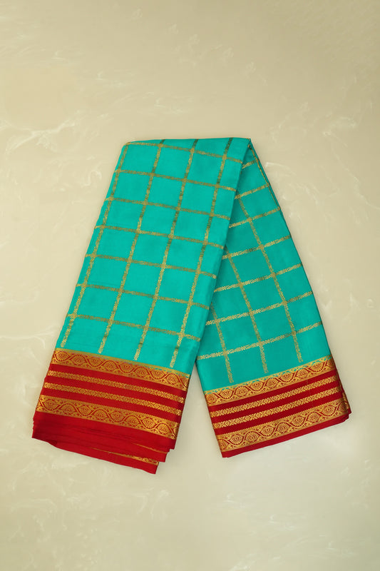 Pure Mysore Silk Teal Blue and Rich Red Saree with Zari Border