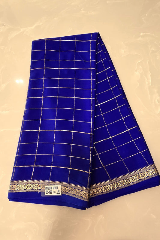 Pure Mysore Silk Royal Blue Saree With Golden Zari Vertical Stripes