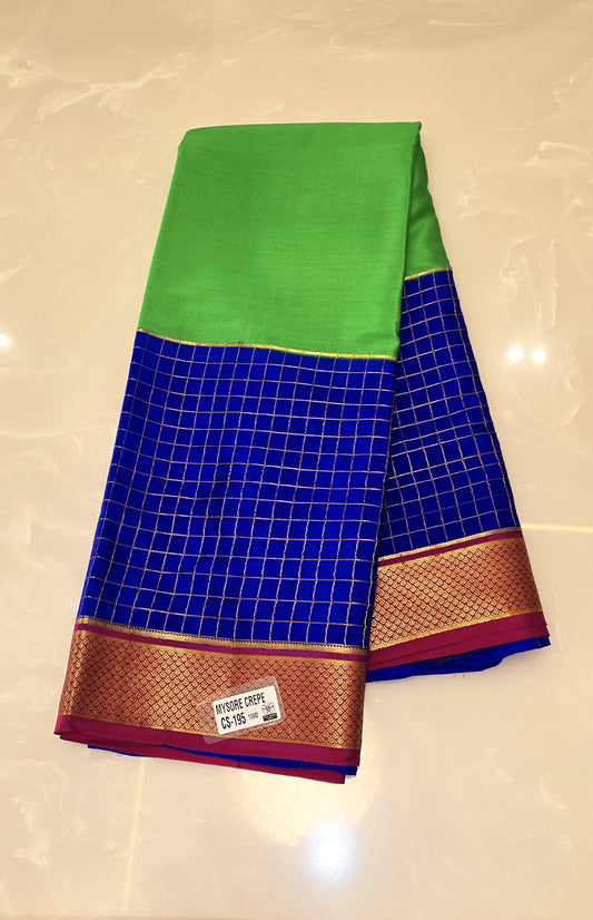 Pure Mysore Silk Parroy Green And Royal Blue Saree With Zari