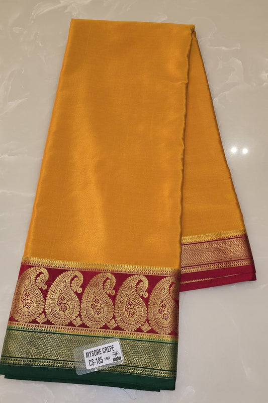 Pure Mysore Silk Sunny Yellow And Red Saree With Zari