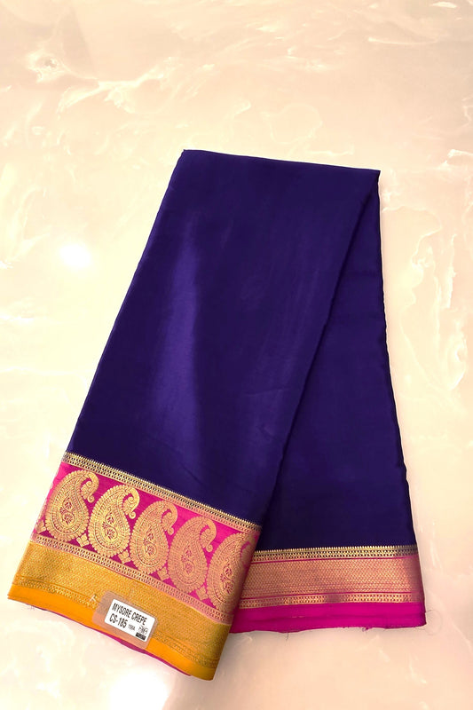 Pure Mysore Silk Royal Blue And Pink Saree With Zari