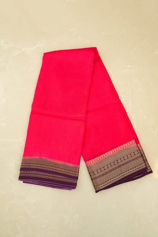 Moonga Crepe Silk Bright Pink with Deep Violet Border Saree With Zari