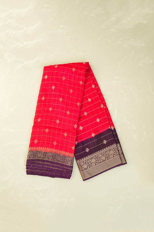 Moonga Crepe Silk Bright Red with Deep Violet Border Saree With Zari