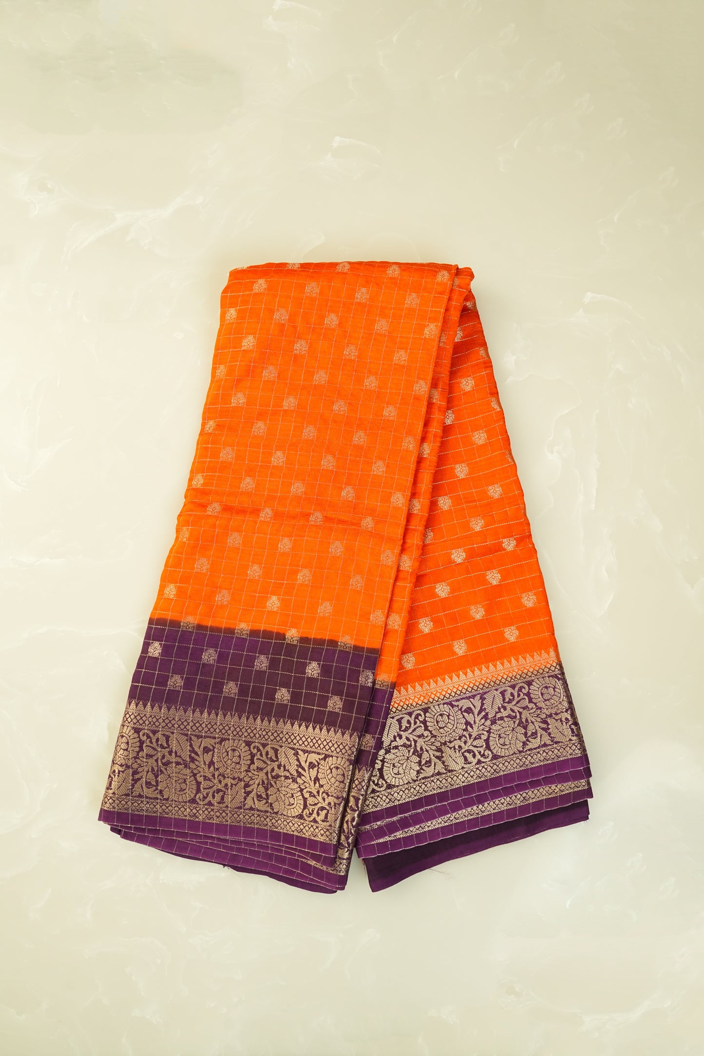 Moonga Crepe Silk Orange with Deep Violet Border Saree With Zari