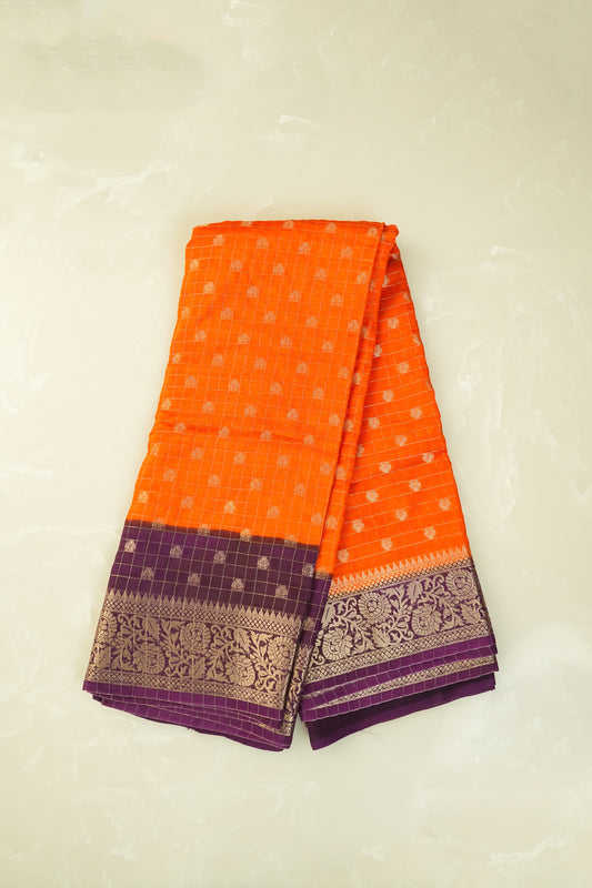 Moonga Crepe Silk Orange with Deep Violet Border Saree With Zari