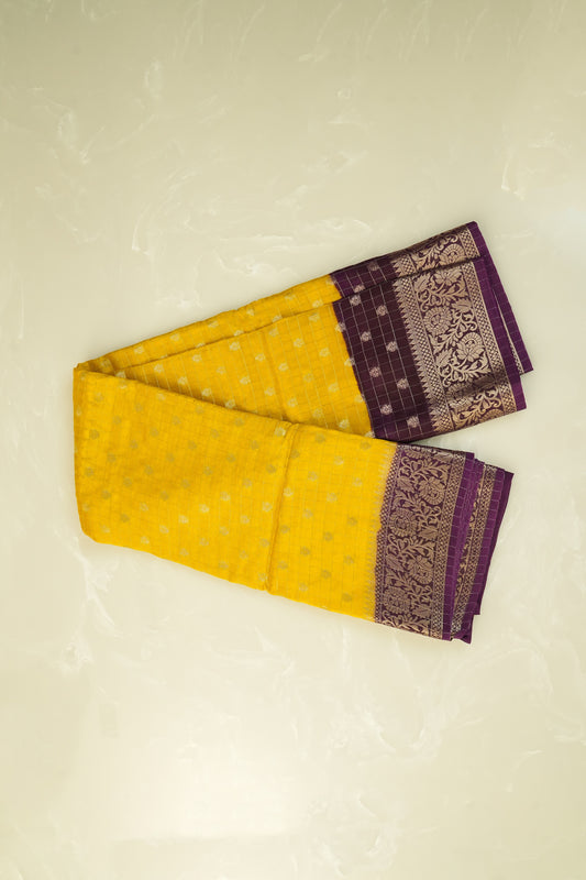 Moonga Crepe Silk Lemon Yellow with Deep Plum Purple Border Saree With Zari
