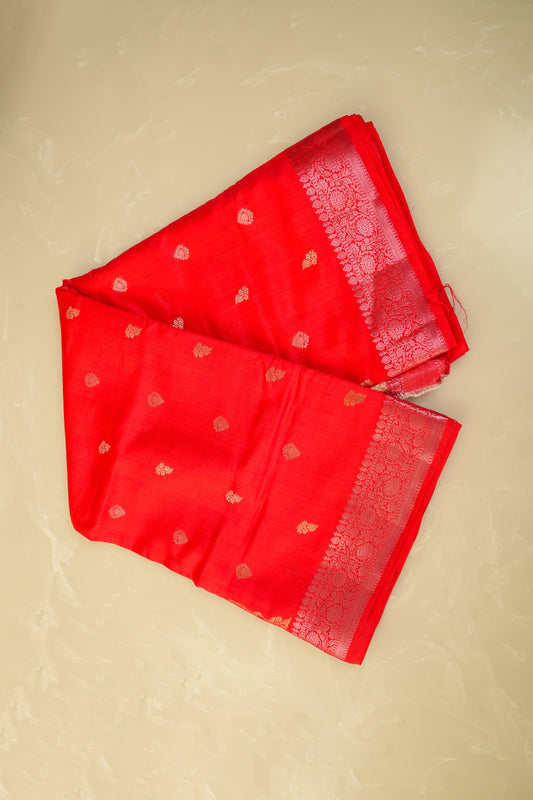 Raw Mango Silk Cherry Red And Silver Zari Pallu Saree
