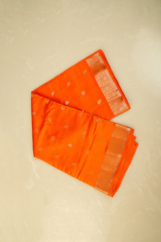Raw Mango Silk Orange And Silver Zari Pallu Saree
