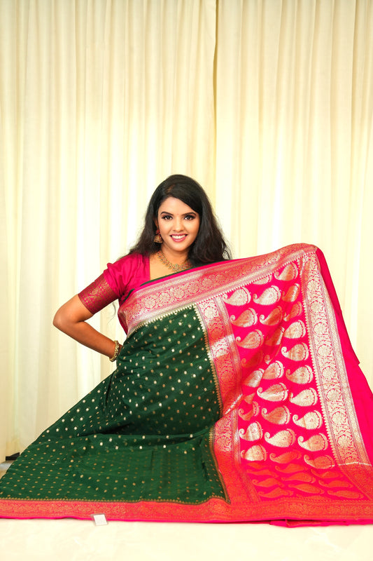 Banarasi Soft Silk Deep Bottle Green And Rani Pink Saree