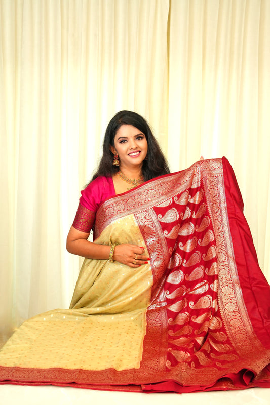 Banarasi Soft Silk Gold And Deep Maroon Saree
