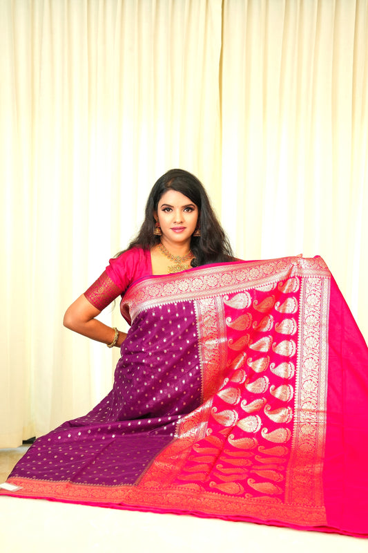 Banarasi Soft Silk Deep Violet And Vibrant Pink Saree