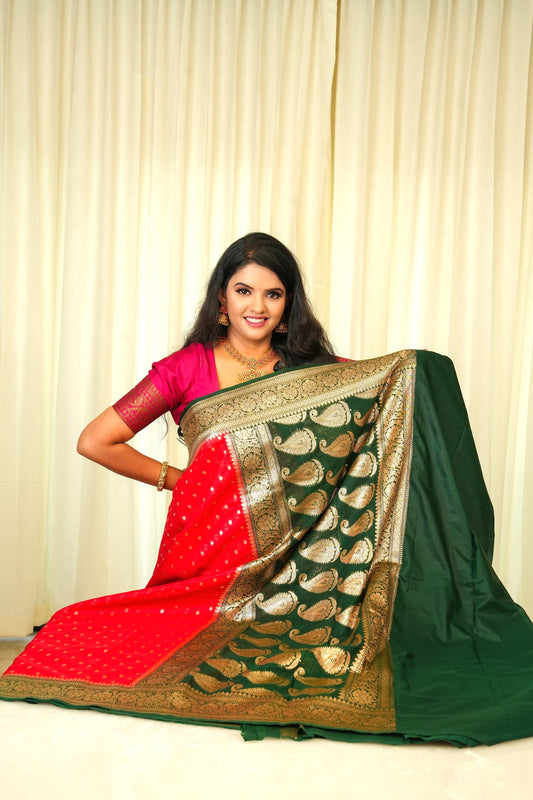 Banarasi Soft Silk Bright Red And Rich Forest Green Saree
