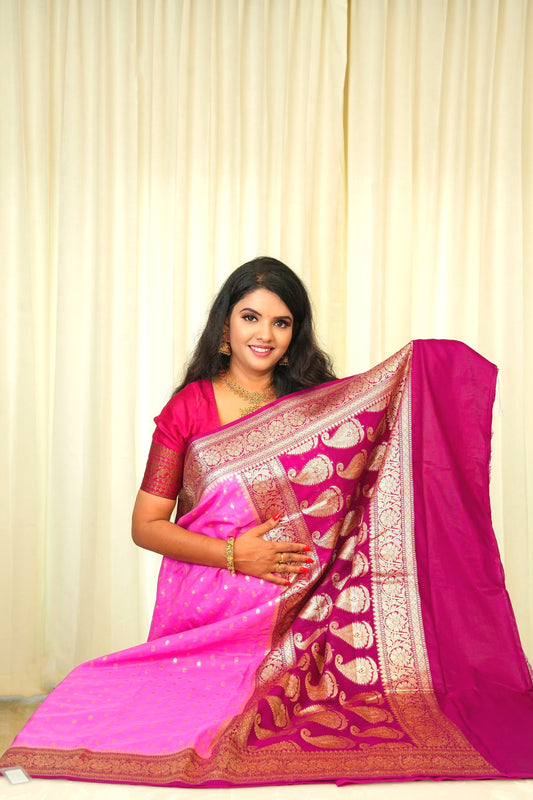 Banarasi Soft Silk Magenta And Rani Pink Saree
