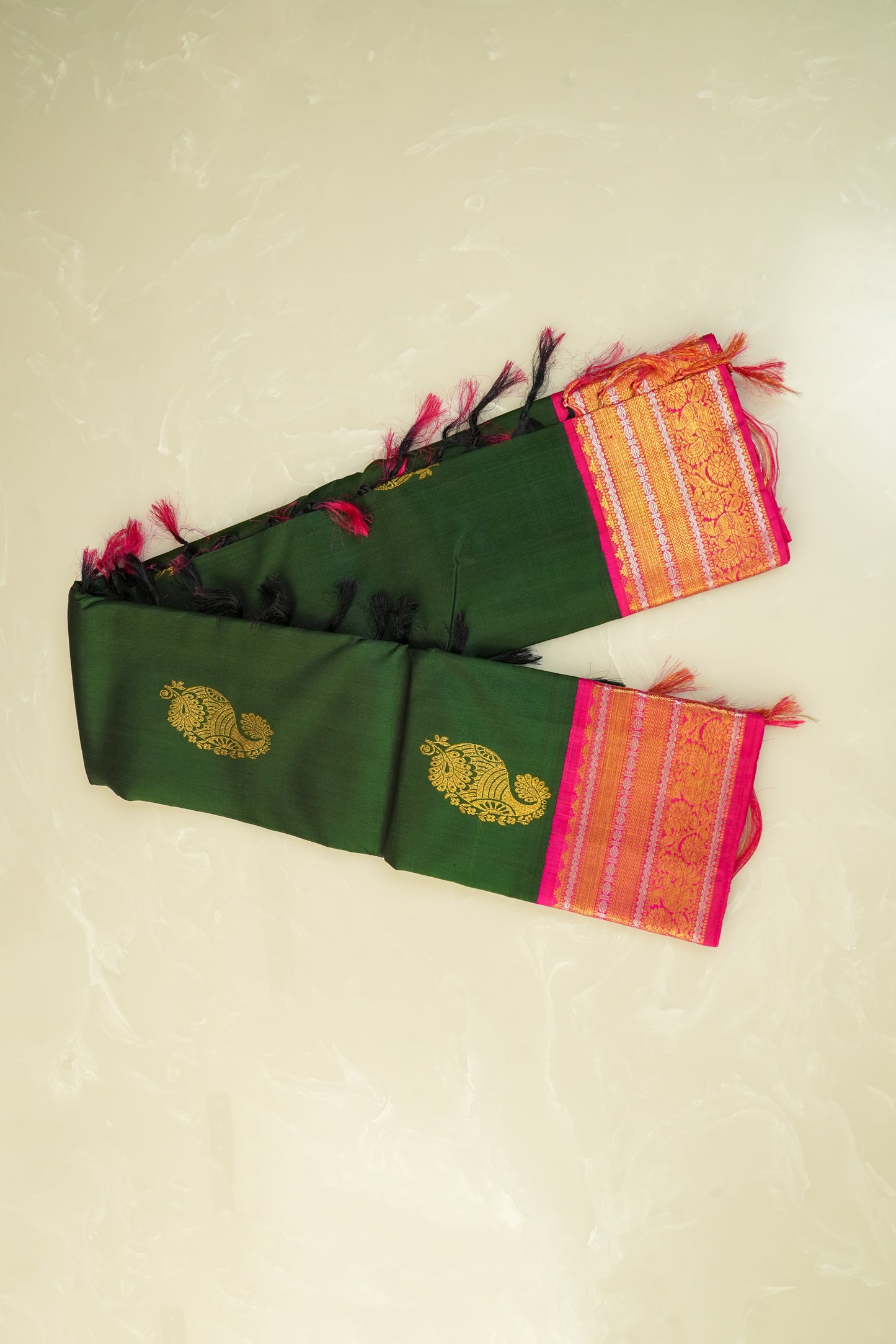 Kanjivaram Pure Bottle green With Magenta Border And Golden Zari Pallu Silk Saree