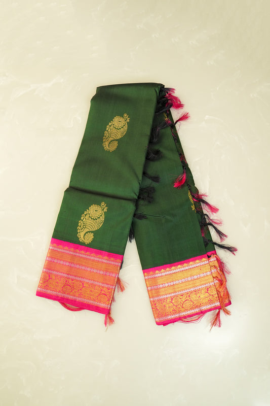 Kanjivaram Pure Bottle green With Magenta Border And Golden Zari Pallu Silk Saree