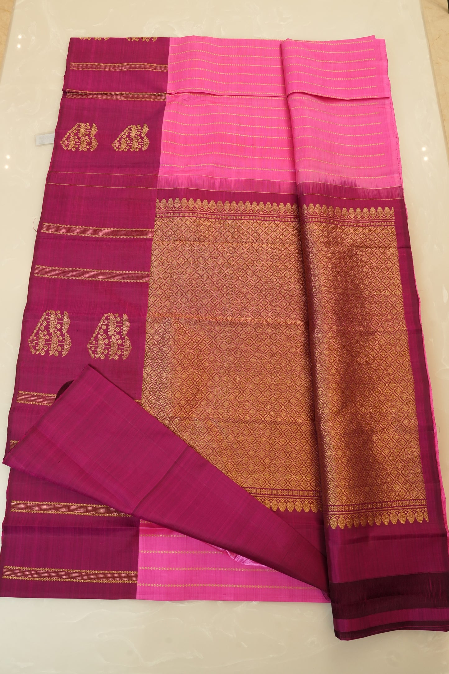 Kanjivaram Pure Pink and Magenta With Magenta Border And Golden Zari Pallu Silk Saree
