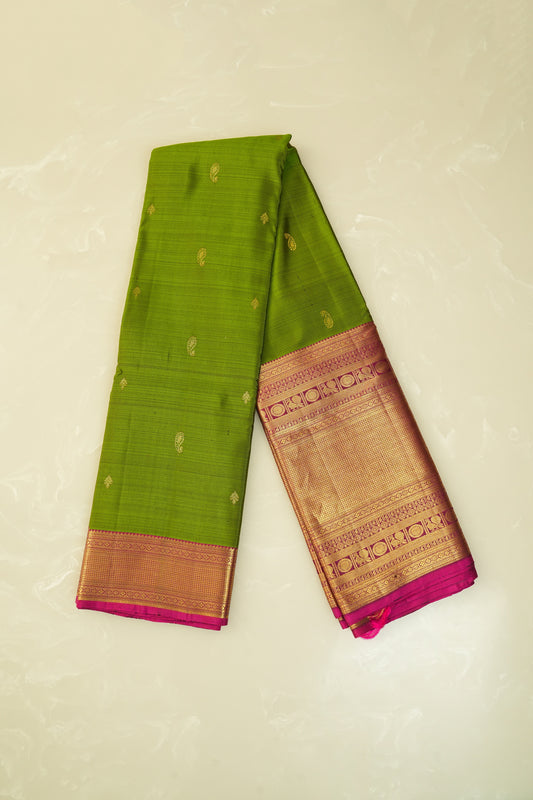 Kanjivaram Silk Saree – Green & Pink with Rich Zari Work
