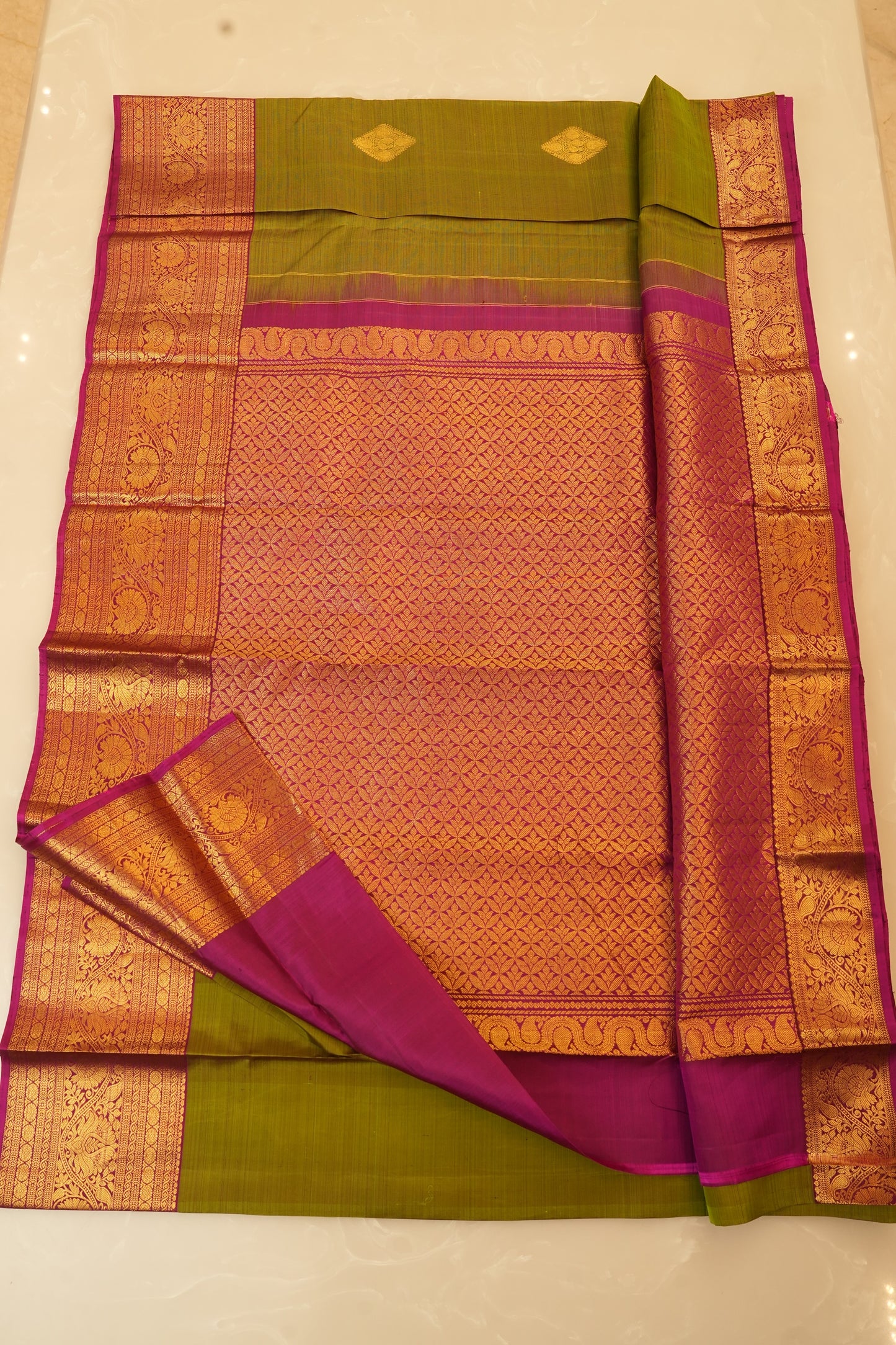 Kanjivaram Silk Saree – Green & Pink with Rich Zari Work