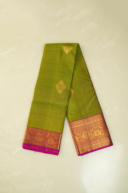Kanjivaram Silk Saree – Green & Pink with Rich Zari Work
