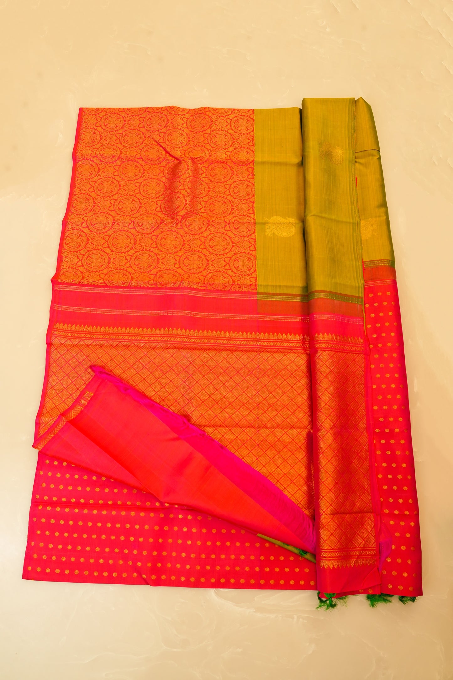 Kanjivaram Silk Saree – Coral Red & Olive Green with Rich Zari Work