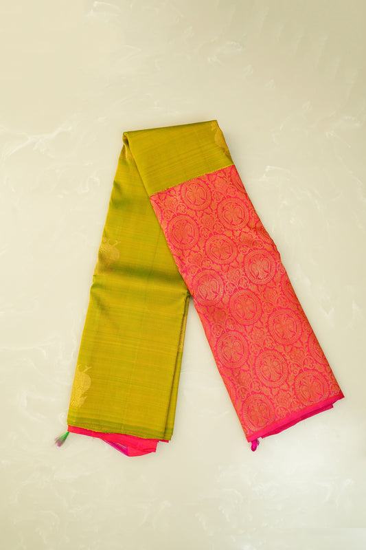Kanjivaram Silk Saree – Coral Red & Olive Green with Rich Zari Work