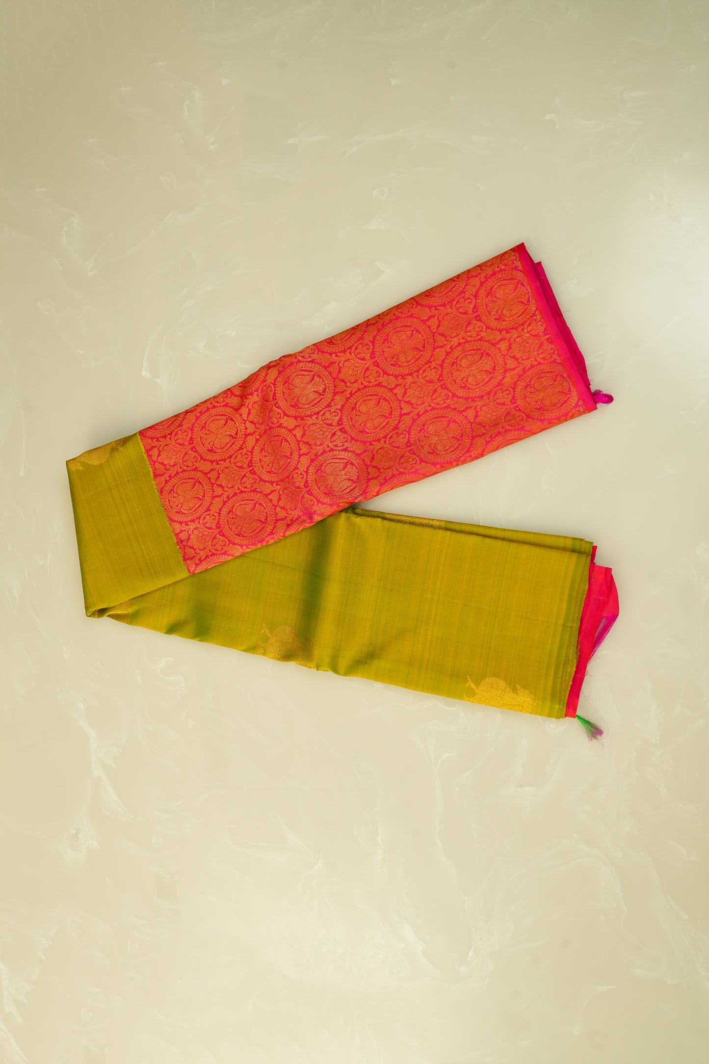 Kanjivaram Silk Saree – Coral Red & Olive Green with Rich Zari Work