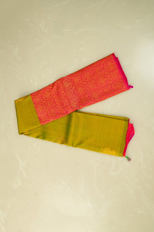 Kanjivaram Silk Saree – Coral Red & Olive Green with Rich Zari Work