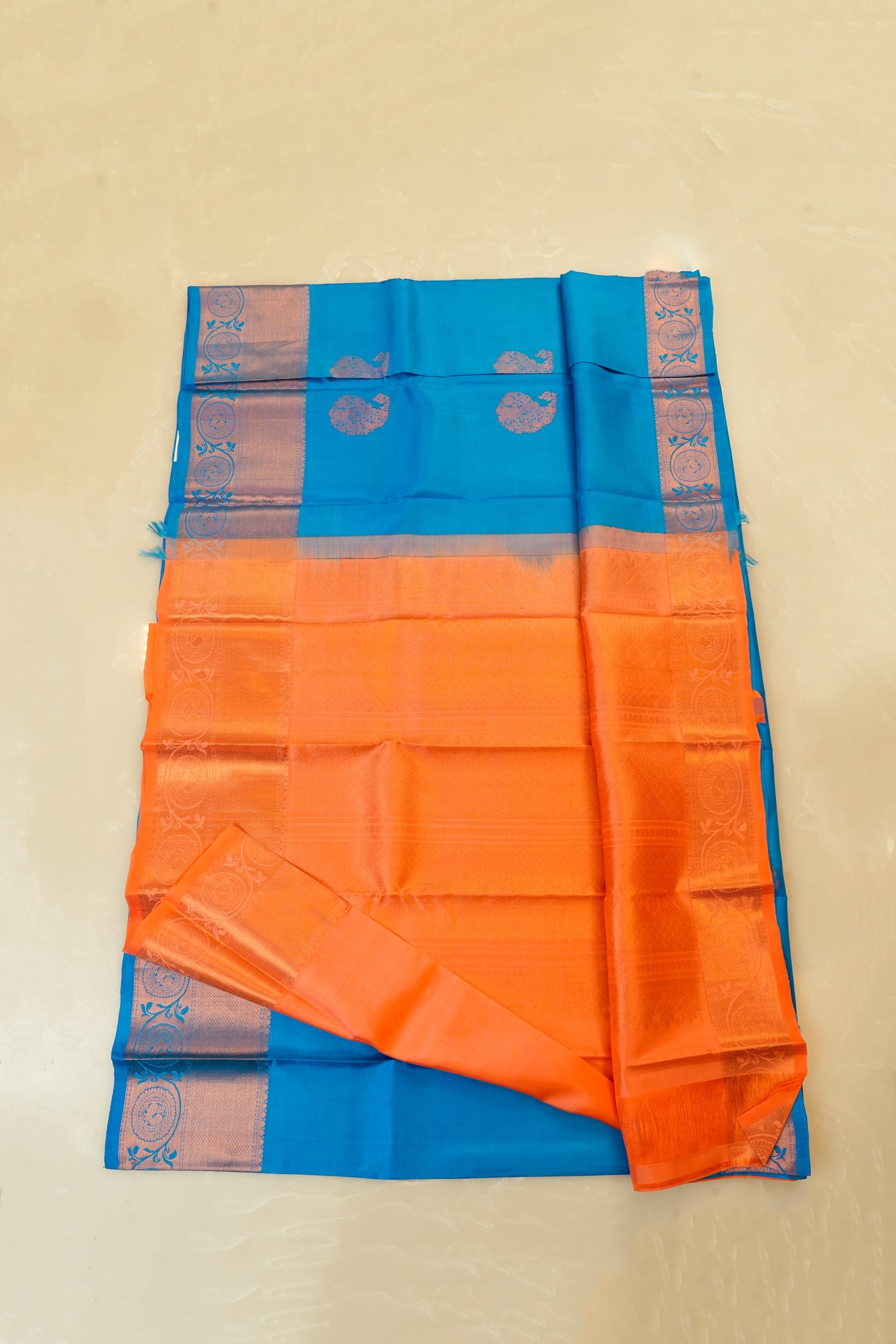 Kanjivaram Silk Saree – Royal Blue & Orange with Rich Zari Work