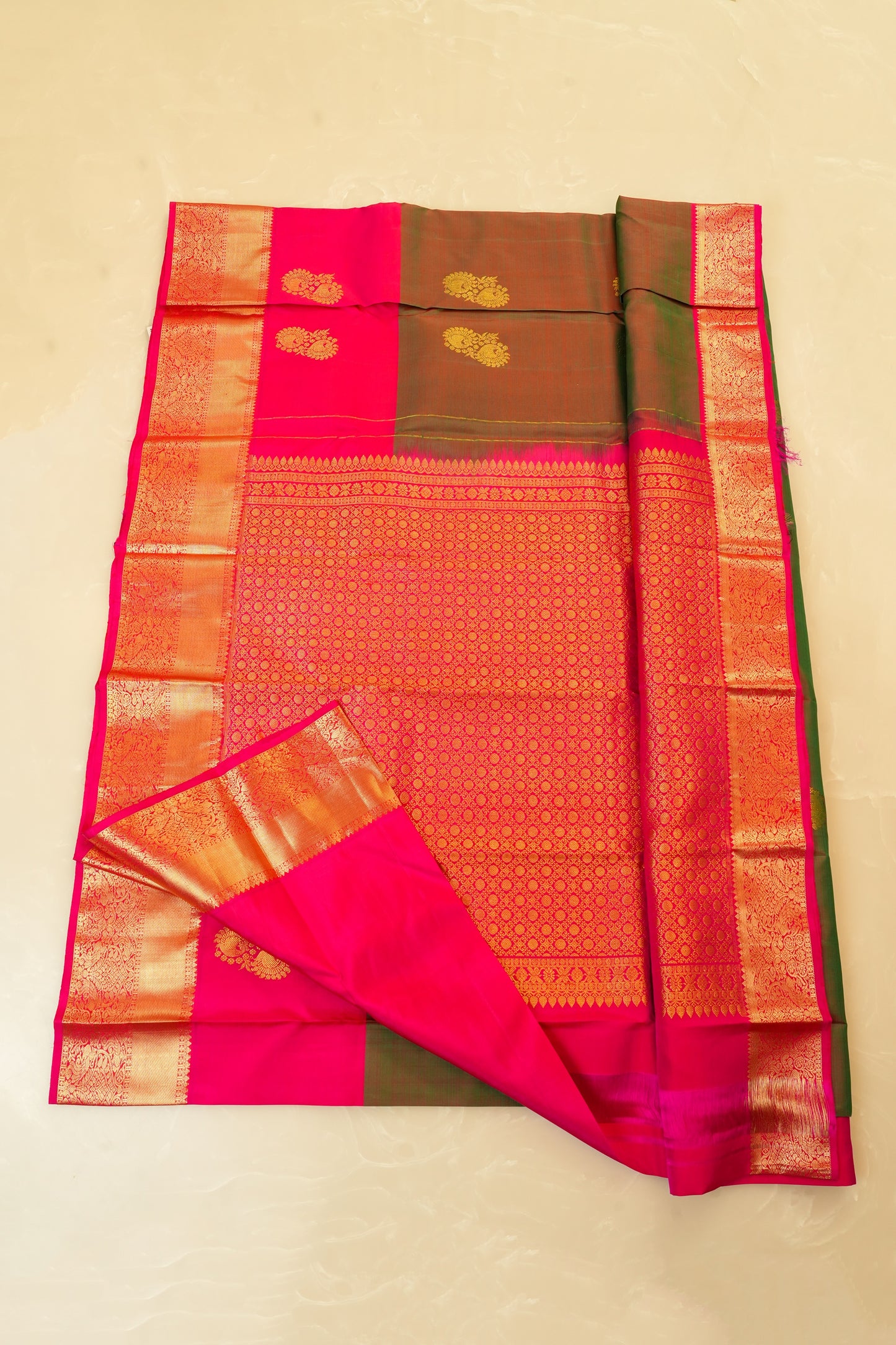 Kanjivaram Silk Saree – Olive Green & Pink With Rich Zari Work