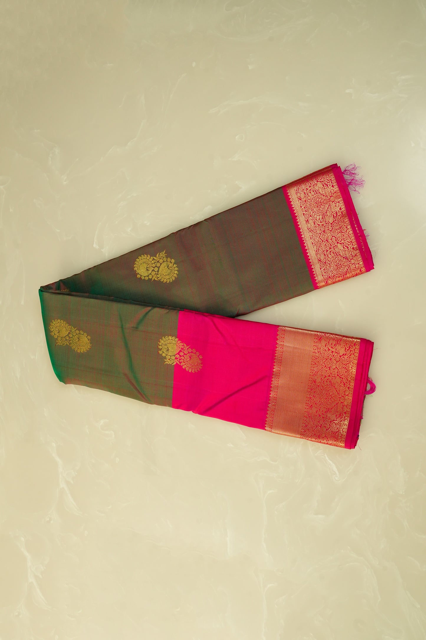 Kanjivaram Silk Saree – Olive Green & Pink With Rich Zari Work