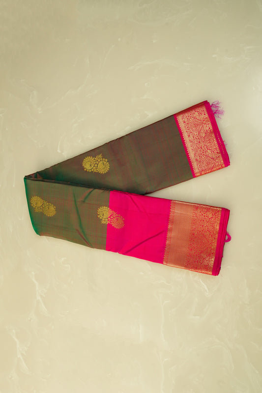 Kanjivaram Silk Saree – Olive Green & Pink With Rich Zari Work