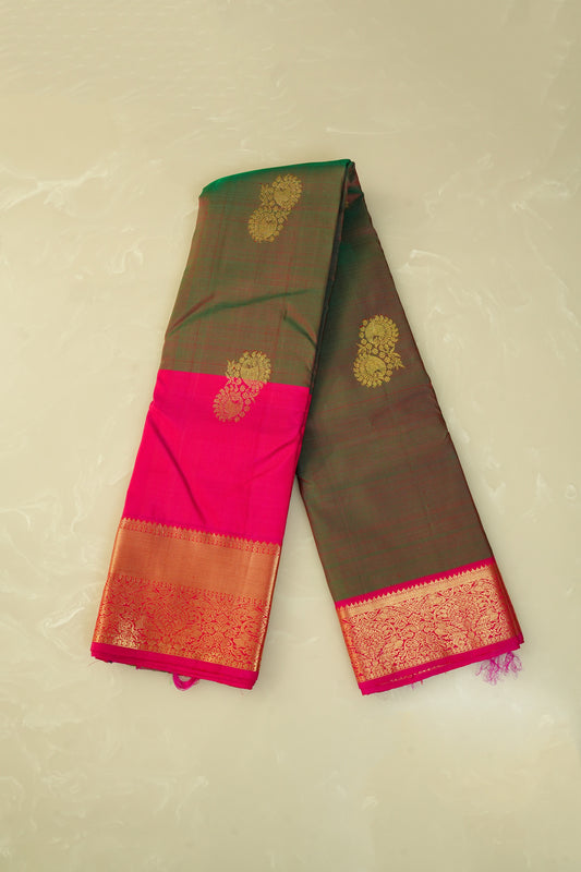 Kanjivaram Silk Saree – Olive Green & Pink With Rich Zari Work