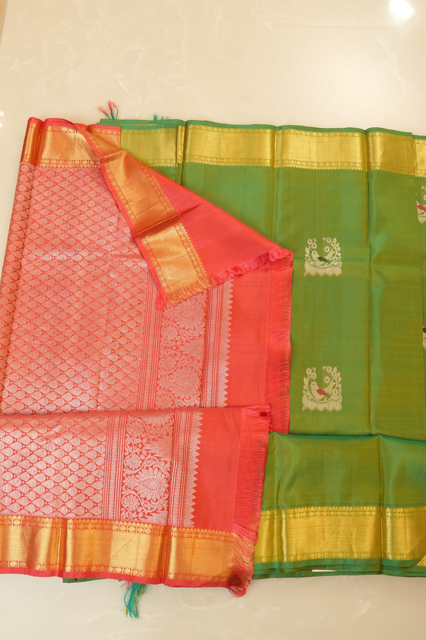 Kanjivaram Silk Saree – Parrot Green & Coral Pink With Rich Silver Zari Work