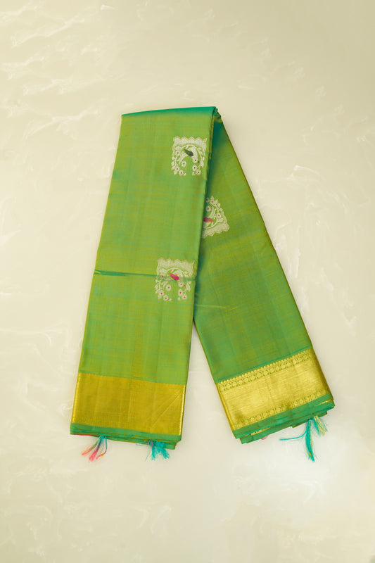 Kanjivaram Silk Saree – Parrot Green & Coral Pink With Rich Silver Zari Work