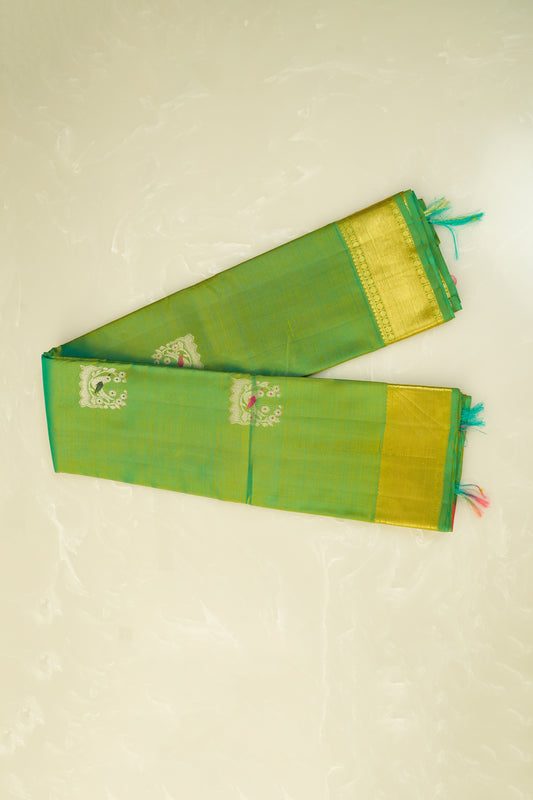 Kanjivaram Silk Saree – Parrot Green & Coral Pink With Rich Silver Zari Work