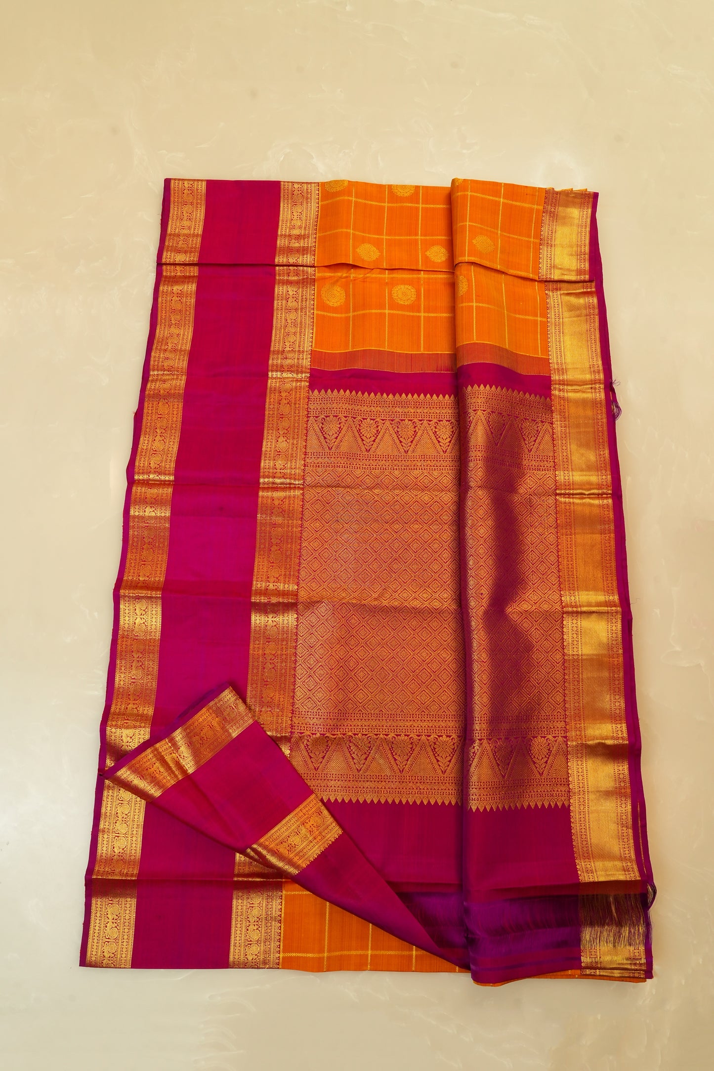 Kanjivaram Silk Saree – Orange & Magenta With Rich Gold Zari Work