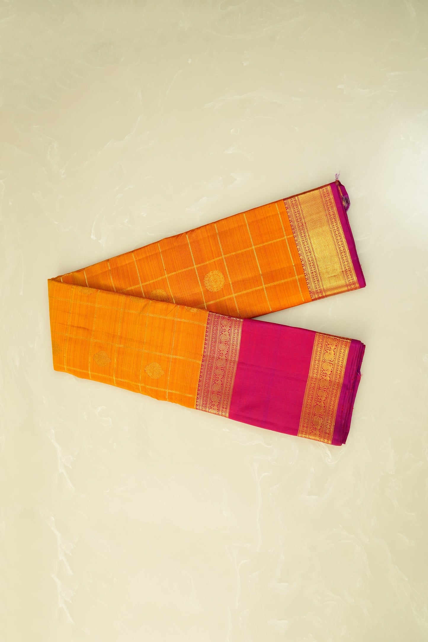 Kanjivaram Silk Saree – Orange & Magenta With Rich Gold Zari Work