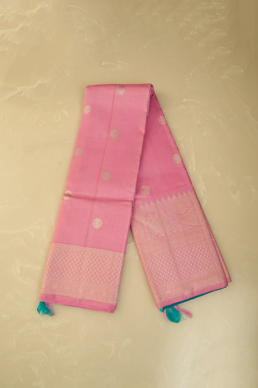 Kanjivaram Silk Saree – Baby Pink & Teal Green With Rich Silver Zari Work