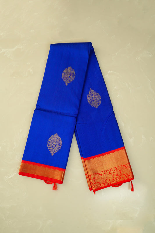 Kanjivaram Silk Saree – Royal Blue & Orange With Rich Gold Zari Work
