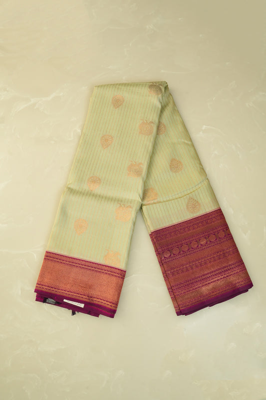 Kanjivaram Silk Saree – Pista Green & Orange With Rich Zari Work