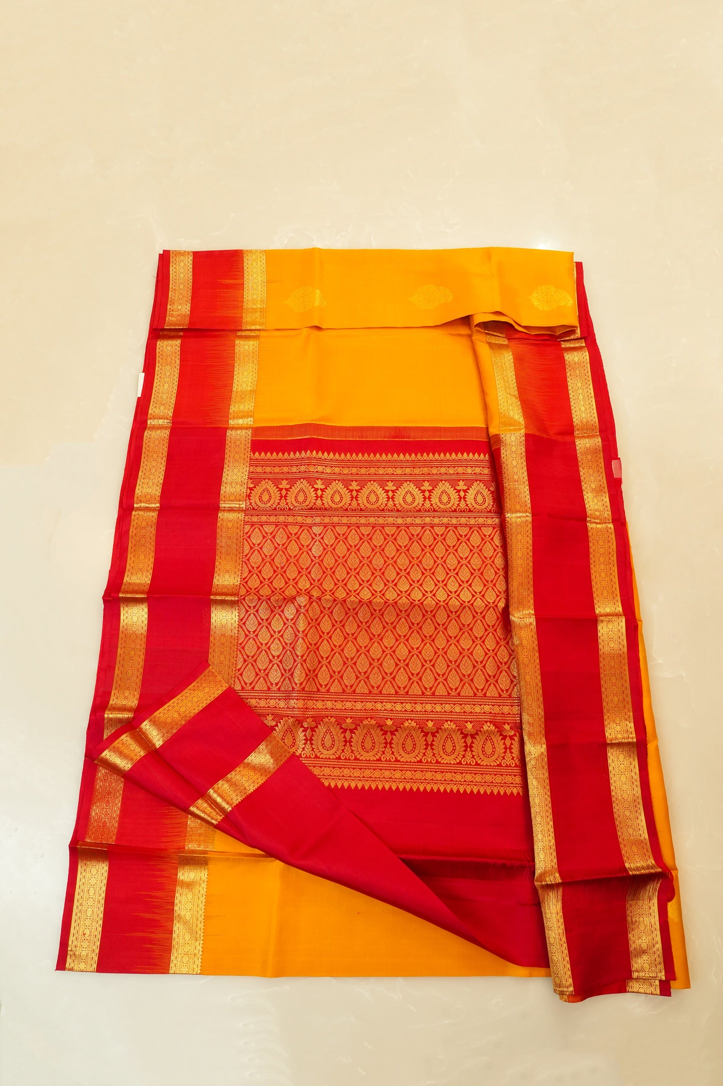 Kanjivaram Silk Saree – Golden Yellow & Red With Rich Zari Work