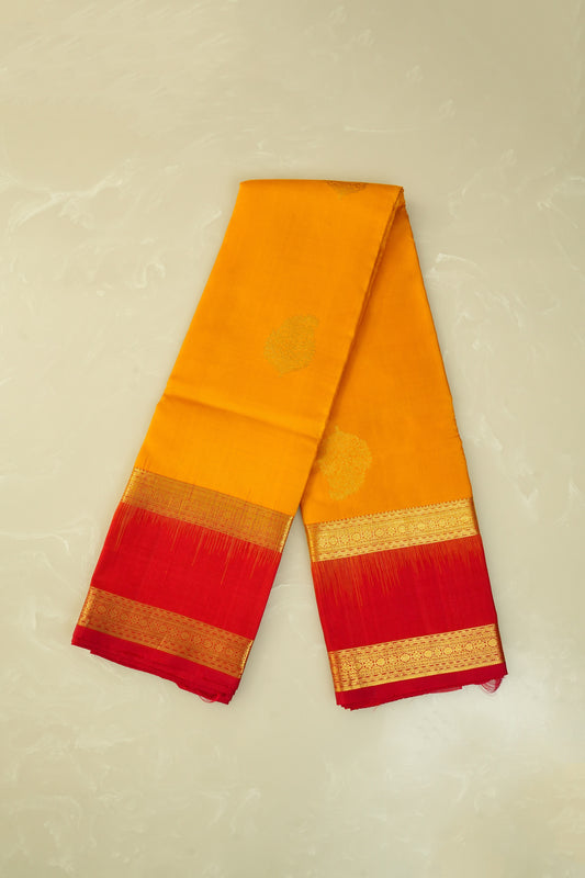 Kanjivaram Silk Saree – Golden Yellow & Red With Rich Zari Work